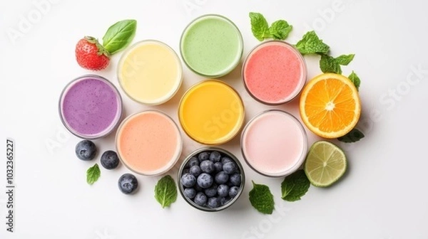 Fototapeta A collection of vibrant, colorful smoothie ingredients laid out in a circular pattern, Smoothie ingredients, gut-friendly, creative display of gut-boosting ingredients