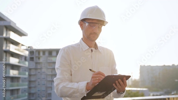 Fototapeta Man construction engineer wearing white shirt and hard hat is making notes on a clipboard while inspecting a building site at sunset, front view. Architecture and engineering concepts