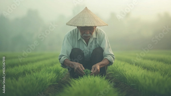 Fototapeta A man in a straw hat is kneeling in a field of green grass