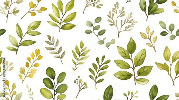 Fototapeta Botanical illustration of green leaves on a white background in a seamless pattern design