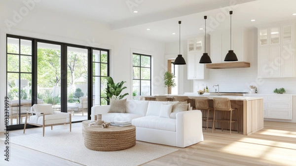 Fototapeta A bright and airy modern living room featuring white sofa, natural wood accents, and large windows that invite sunlight. open layout connects to stylish kitchen, creating warm and inviting atmosphere