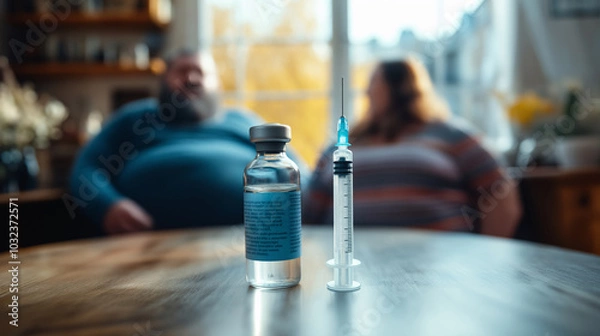 Fototapeta Medical Syringe and Vial with Clear Liquid on a Table