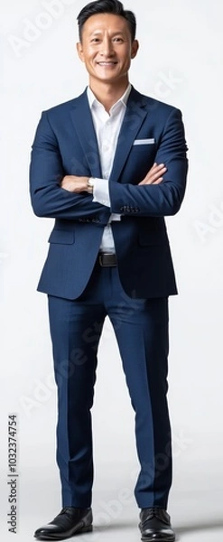 Fototapeta Full length Portrait of a smiling Asian businessman tablet isolate background, Generative AI