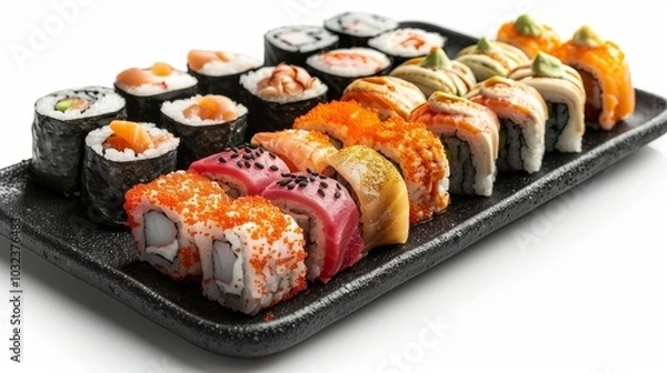 Fototapeta Artfully arranged sushi rolls and sashimi on a sleek black plate, set against a crisp white background