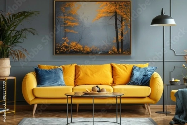 Fototapeta Vibrant yellow sofa and chair near teal wall with poster frame. Scandinavian interior design of modern living room.