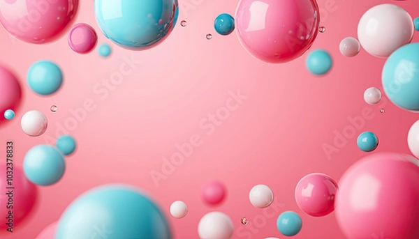 Fototapeta Colorful spheres and bubbles on a vibrant pink background, ideal for modern designs.