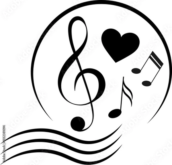 Obraz Music design. Treble clef, musical notes and heart in a circle. For concert, music, stickers, t-shirts.