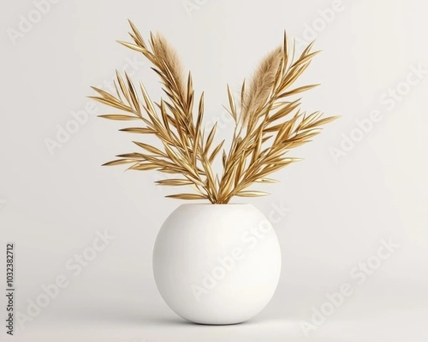 Fototapeta Dried golden grass in a minimalist white vase, creating a serene decor piece on a neutral background.