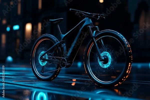 Fototapeta Bicycle with glitching holographic wheels, in a futuristic digital city
