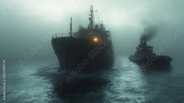 Fototapeta A large ship and a tugboat navigate through a thick fog at sea.