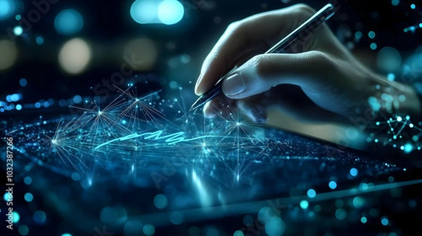 Fototapeta Hand Draws A Digital Signature On A Tablet Using A Stylus With A Network Glowing Behind