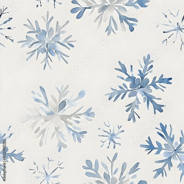 Fototapeta Minimalist and Delicate Watercolor Snowflake Pattern in Soft Shades of Blue and White Scattered over Light Gray Background Seamless Design for Festive and Seasonal