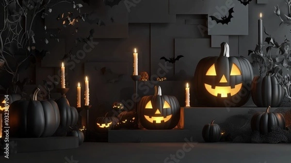 Fototapeta fantasy-inspired black Halloween product display with glowing 3D Jack O' Lanterns and candles, set against a layered paper graphic background. The scene evokes a spooky yet elegant atmosphere.