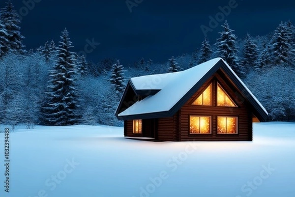Fototapeta Illustration of a cozy winter cabin scene, with glowing windows and snow gently falling