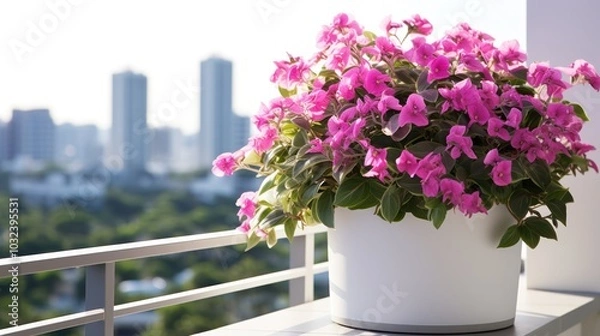 Fototapeta A lush arrangement of pink tradescantia plants in a decorative pot on a modern white balcony with cityscape view
