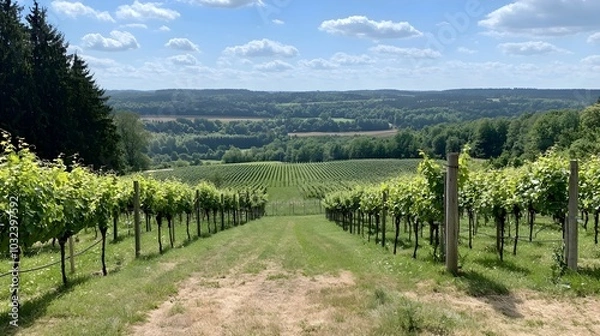 Obraz Breathtaking landscape of a picturesque vineyard with rows of lush grapevines stretching out under a clear vibrant blue sky  This serene