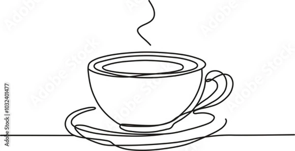 Fototapeta line drawing of cup of coffee or tea on saucer, transparent background, editable stroke