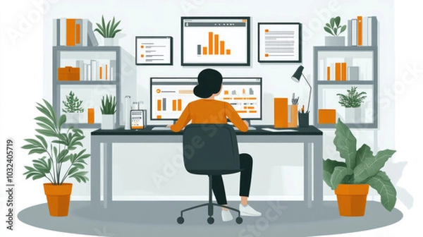 Fototapeta A person sits at a desk in a stylish home office, engaging with data on multiple screens while surrounded by plants and organized shelves