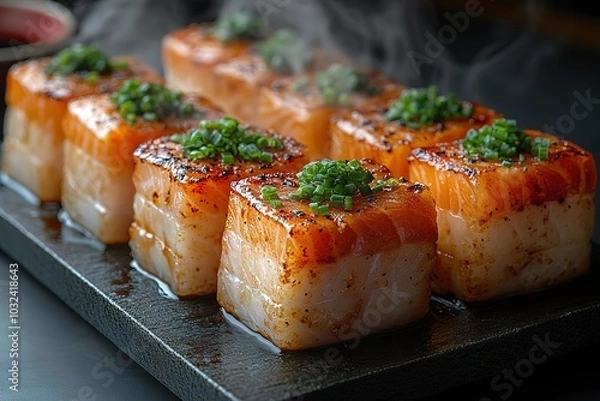 Fototapeta Steaming hot, perfectly seared salmon sushi bites topped with fresh chives.