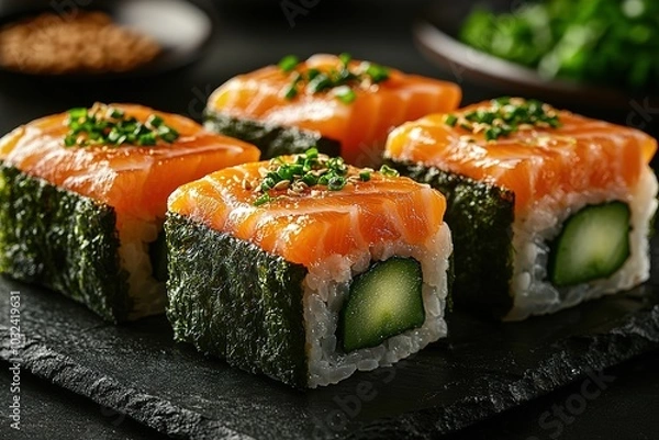 Fototapeta Close-up of salmon and asparagus sushi rolls
