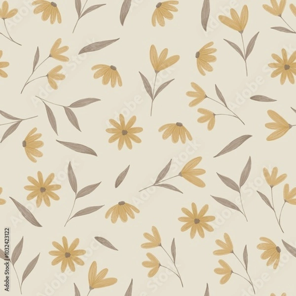 Obraz seamless pattern with flowers and leaves on a Beige background for wrapping paper, scrapbooking, textile, packaging.