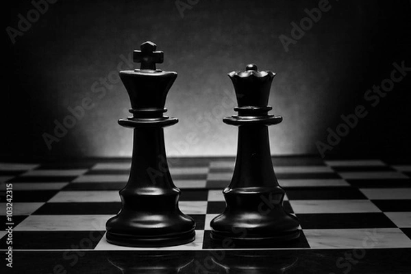 Fototapeta Chess. Black King and Queen on the board .The most powerful figures. Set of chess figures.