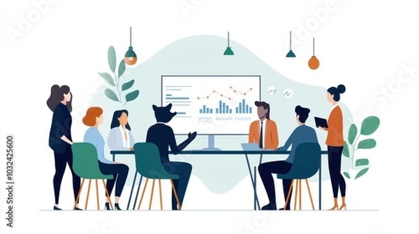 Fototapeta Engaging business meeting a collaborative session analyzing data trends with team members presenting insights on growth strategies