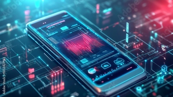 Fototapeta Smartphone futuristic interface screen background is dark blue A mobile phone showing