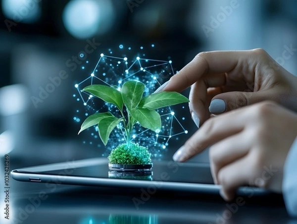 Obraz Hand interacting with digital hologram of plant on tablet representing eco-technology and sustainable innovation