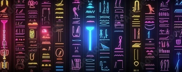 Fototapeta Continuous loop of Egyptian hieroglyphs flowing across a digital screen, with neon accents and metallic textures, sci-fi, holographic