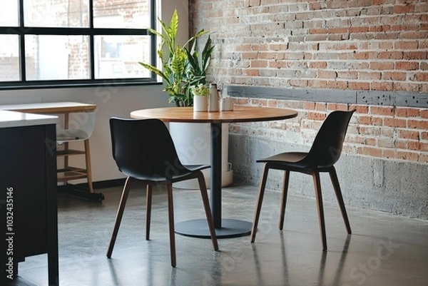 Fototapeta Modern Wooden Table and Black Chairs in a Loft Interior