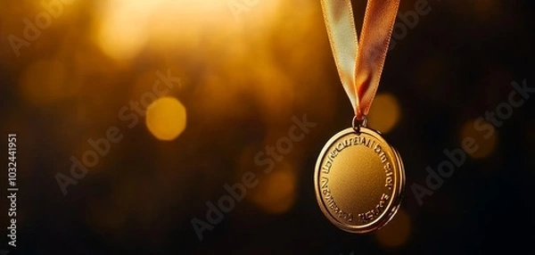 Fototapeta A shining gold medal hangs on a ribbon, illuminated by a warm glow, symbolizing achievement and success.
