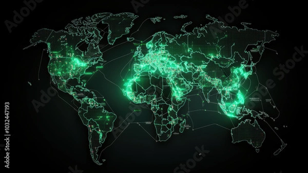 Fototapeta Digital world map with interconnected supply chain hubs glowing in green