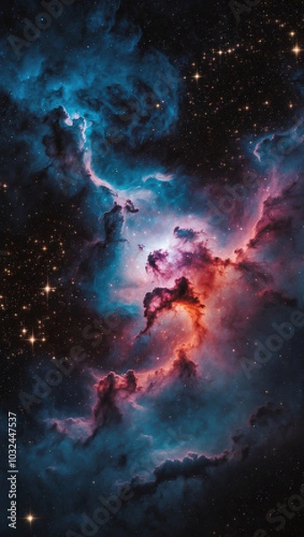 Fototapeta Cosmic nebula swirling with vibrant colors and stars scattered across the sky