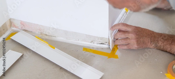 Fototapeta Man installing new skirting board - DIY home work concept