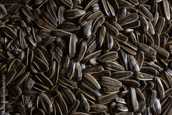 Fototapeta Non Salty Roasted Sunflower Seeds in Shell: A Culinary Canvas of Sunflower Kernels, Creating a Lively and Textured Background for Gourmet Cooking. Scattered Sun Flower Seeds - Top View, Flat Lay