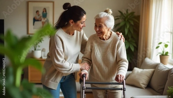 Obraz A joyful moment between a senior woman and her caregiver in a cozy living room during the afternoon, both smiling while engaging warmly with each other