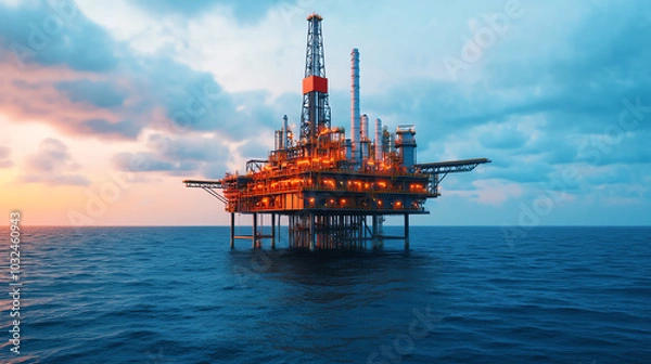 Fototapeta A vibrant oil rig standing in the ocean during sunset, showcasing the technology and engineering of offshore drilling operations.