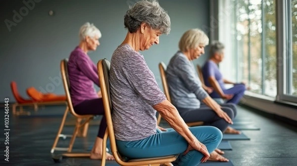 Obraz Seniors enjoying a chair yoga class at a local community center, practicing seated poses under natural light