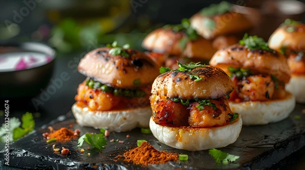 Fototapeta Spicy vada pav with a dusting of garlic chutney powder