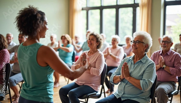 Obraz A senior yoga class takes place indoors as the instructor guides an attentive group in poses, fostering connection and wellness in a serene atmosphere