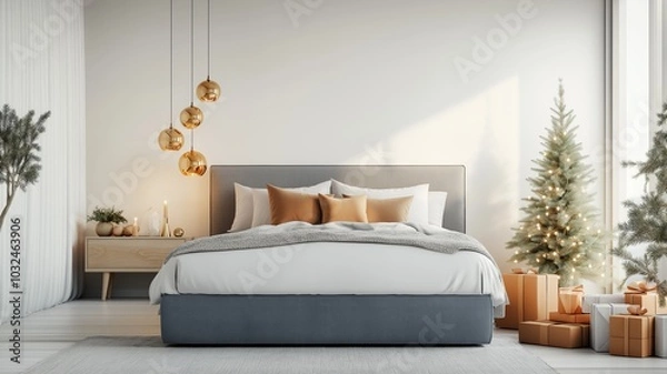 Fototapeta Cozy Christmas Eve Bedroom with Holiday Decorations