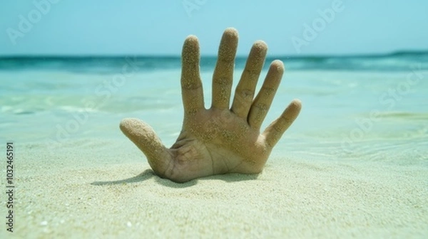 Fototapeta A sandy hand emerges playfully from the beach, reaching towards the clear blue sky, AI