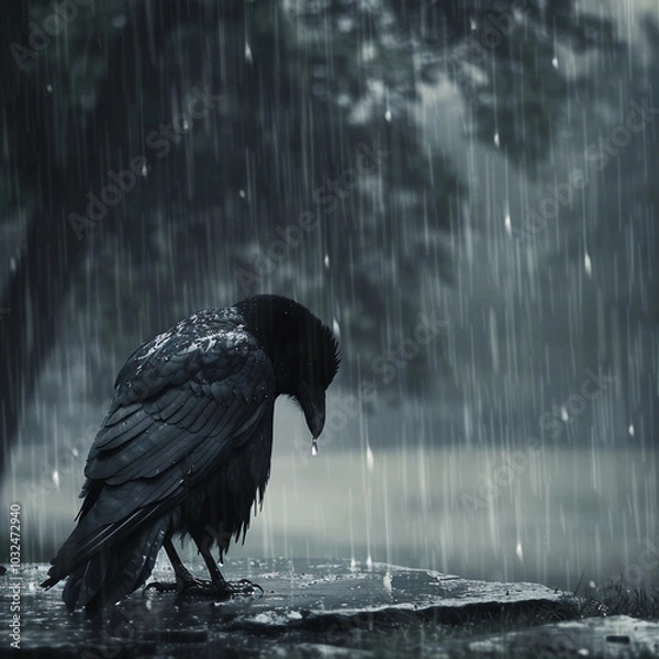 Obraz sad crow in the rain