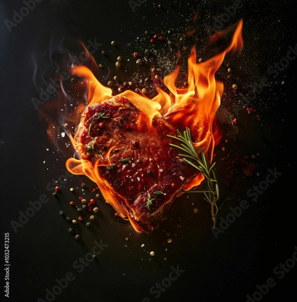 Fototapeta A flaming heart-shaped steak, through the stomach to the heart