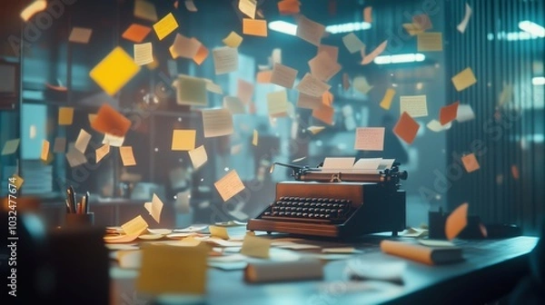 Obraz Creative chaos of a writer's workspace with floating notes