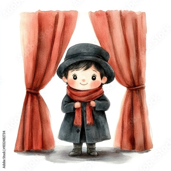 Fototapeta Charming Isometric Watercolor Character in Red Curtains