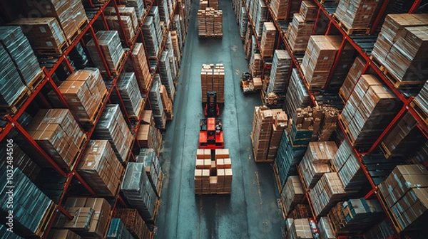 Obraz Warehouse Efficiency: A top-down perspective showcasing the intricate dance of a forklift navigating a vast warehouse, emphasizing the precision and order needed for seamless logistics.  