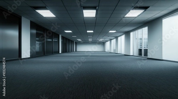 Fototapeta An empty, dimly lit office space with a carpeted floor, a suspended ceiling with fluorescent lights, and large windows overlooking a cityscape