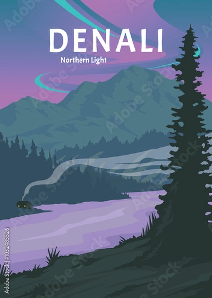 Fototapeta northern lights view at denali national park minimalist poster design
